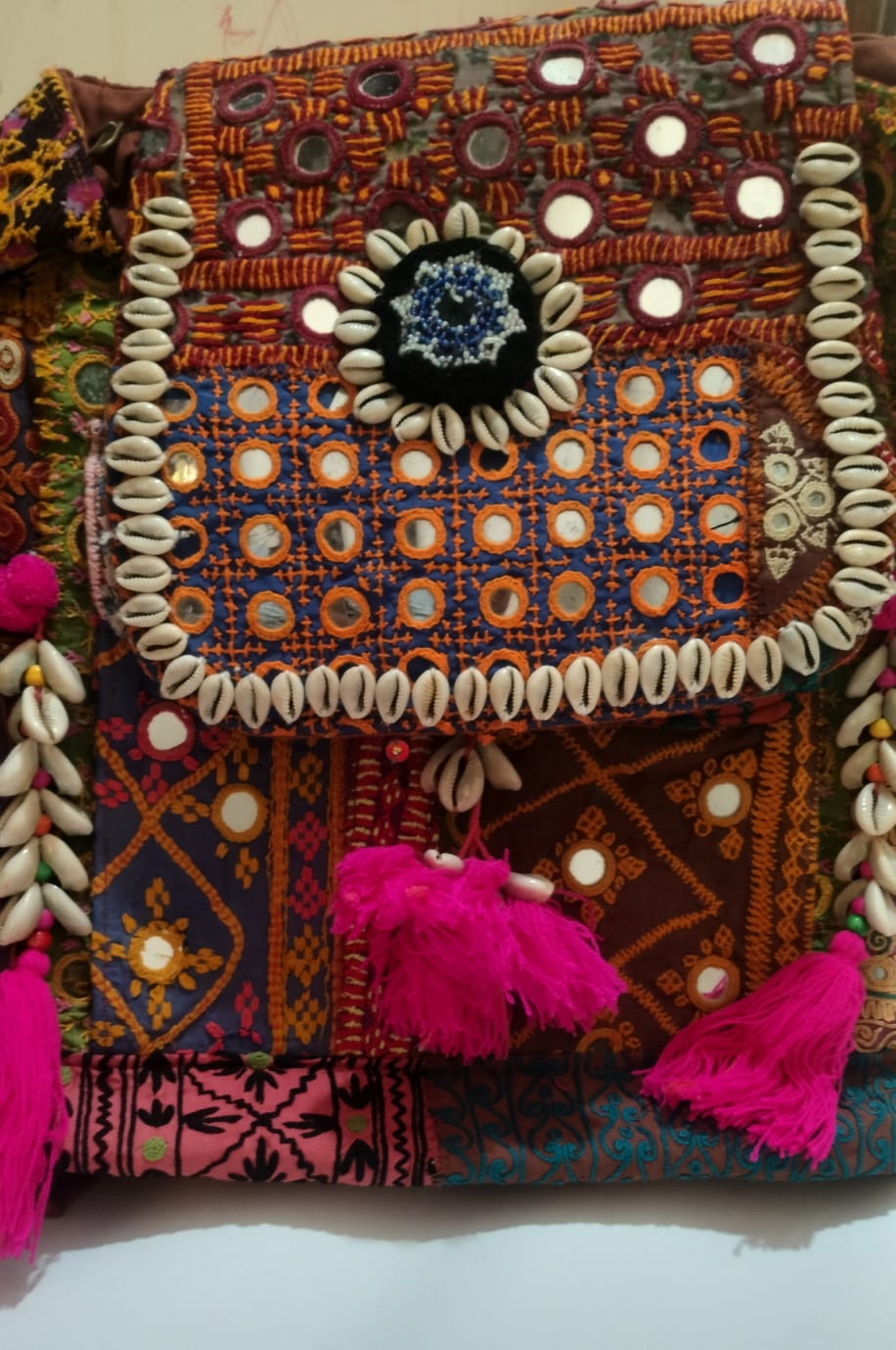 Mirror Patchwork Embroidered Shoulder Bag – Orange & Pink with Cowrie Shells | 15×16″