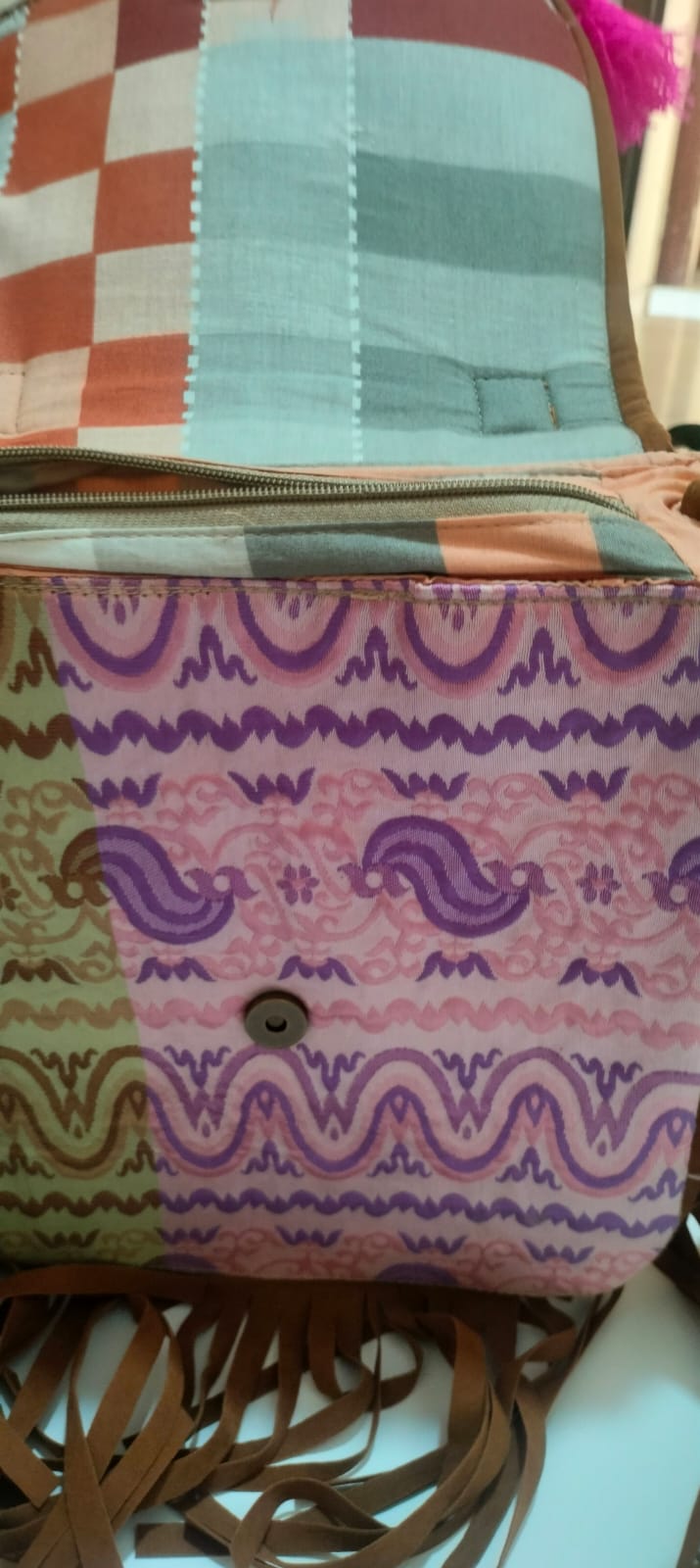 Pink Mirror Patchwork Backpack with Cowrie Shells – Boho Ethnic Bag | 11×10×3″