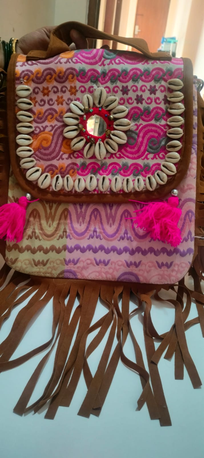 Pink Mirror Patchwork Backpack with Cowrie Shells – Boho Ethnic Bag | 11×10×3″