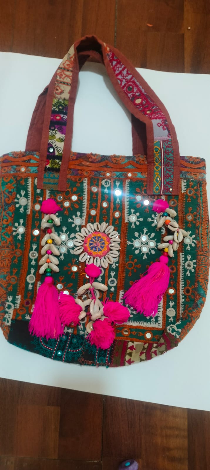 Peacock Mirror Embroidered Tote Bag with Pink Shells & Tassels