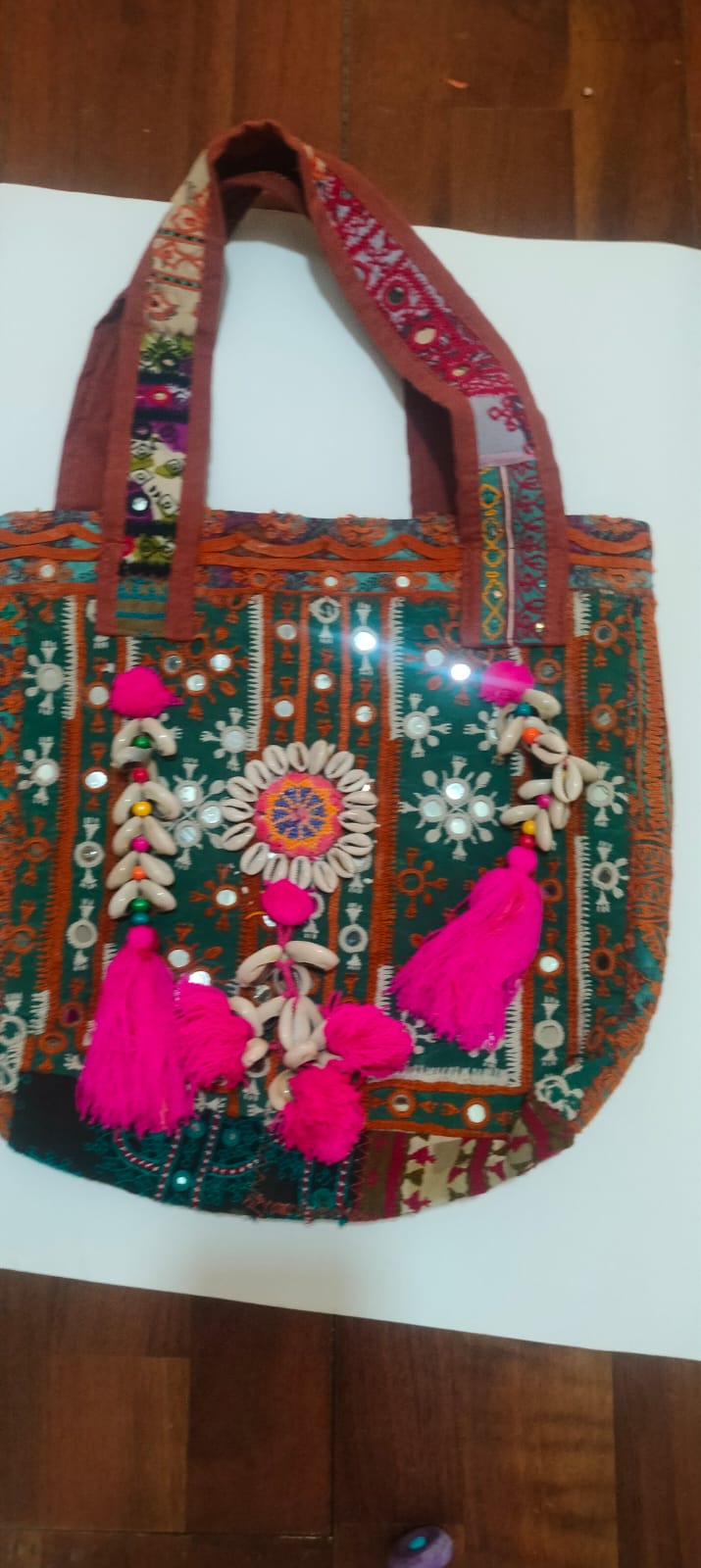 Peacock Mirror Embroidered Tote Bag with Pink Shells & Tassels