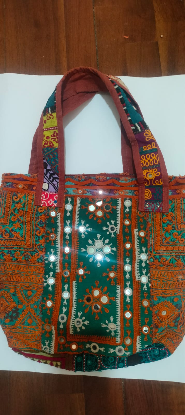 Peacock Mirror Embroidered Tote Bag with Pink Shells & Tassels