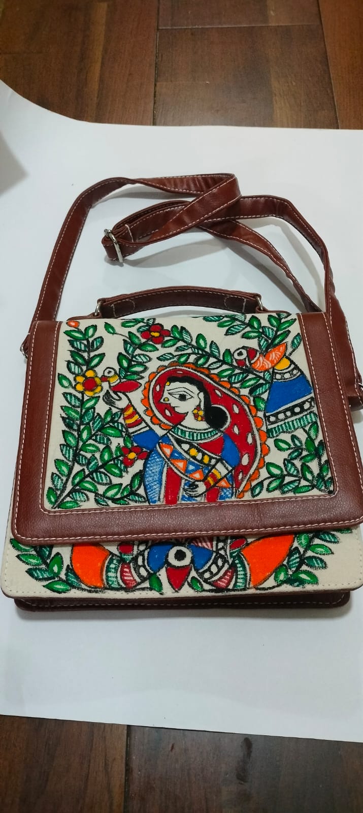Madhubani Woven Birds Office Bag with Long Strap
