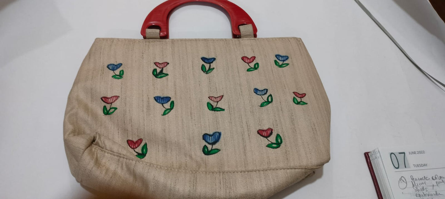 Madhubani Hand-Painted Pair of Fish Silk Bag with Wooden Handles
