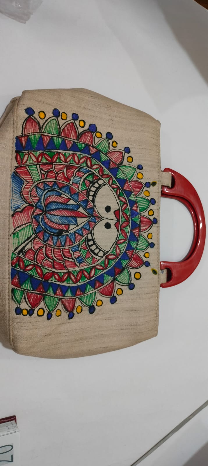 Madhubani Hand-Painted Pair of Fish Silk Bag with Wooden Handles