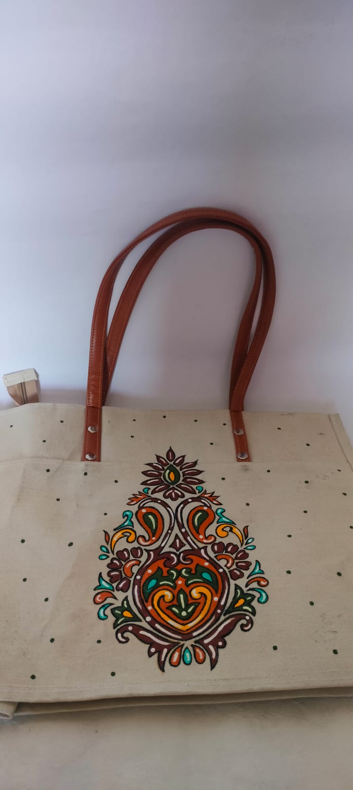 Boho Madhubani Peacock Tote bag Handpainted on Canvas Tote Bag (12” x 15”)