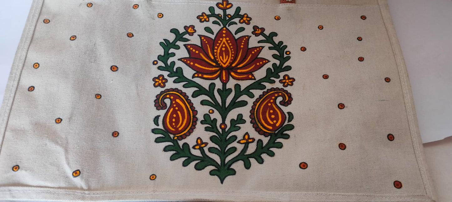 Boho Madhubani Peacock Tote bag Handpainted on Canvas Tote Bag (12” x 15”)