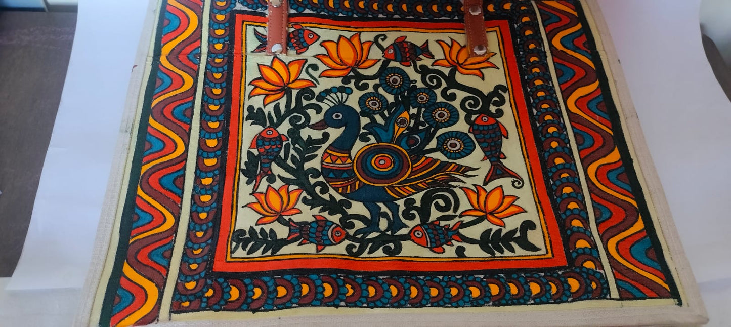 Boho Madhubani Peacock Tote bag Handpainted on Canvas Tote Bag (12” x 15”)