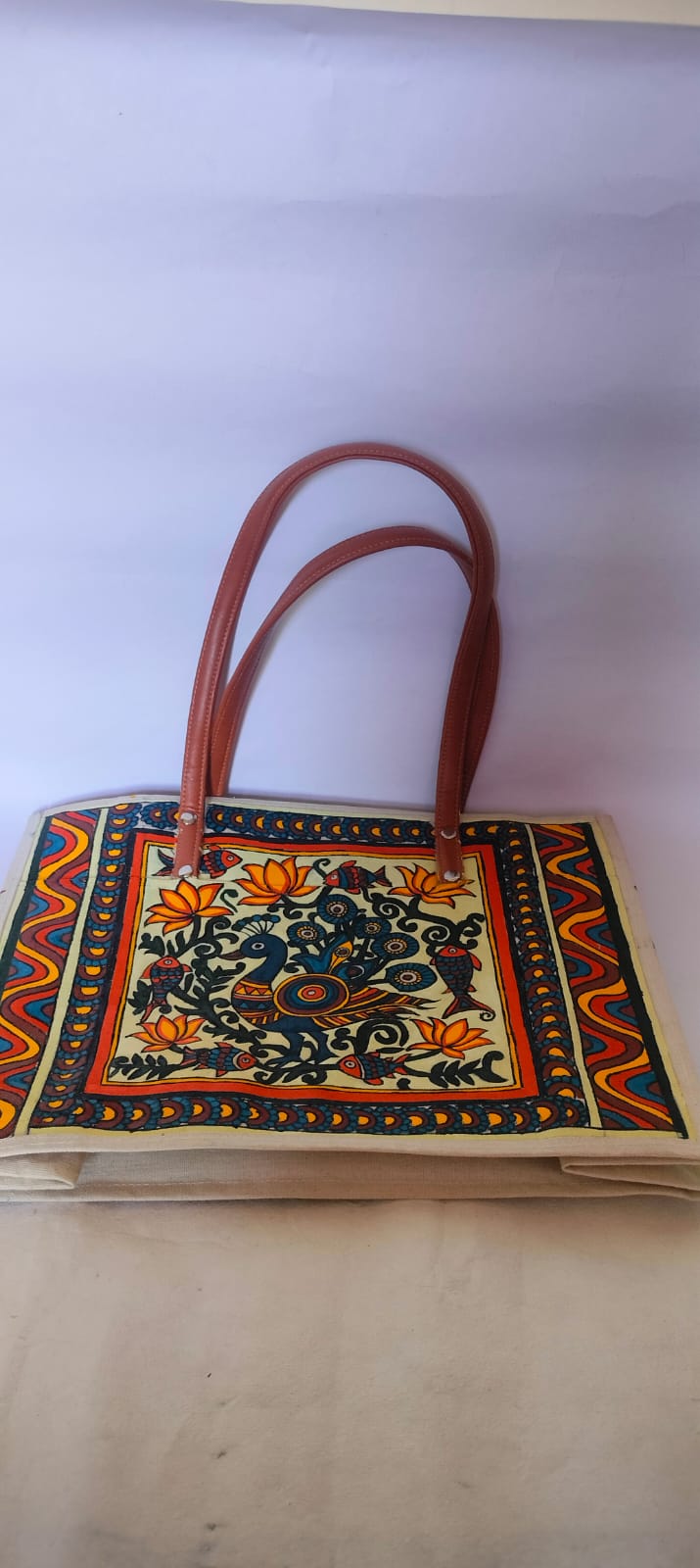 Boho Madhubani Peacock Tote bag Handpainted on Canvas Tote Bag (12” x 15”)