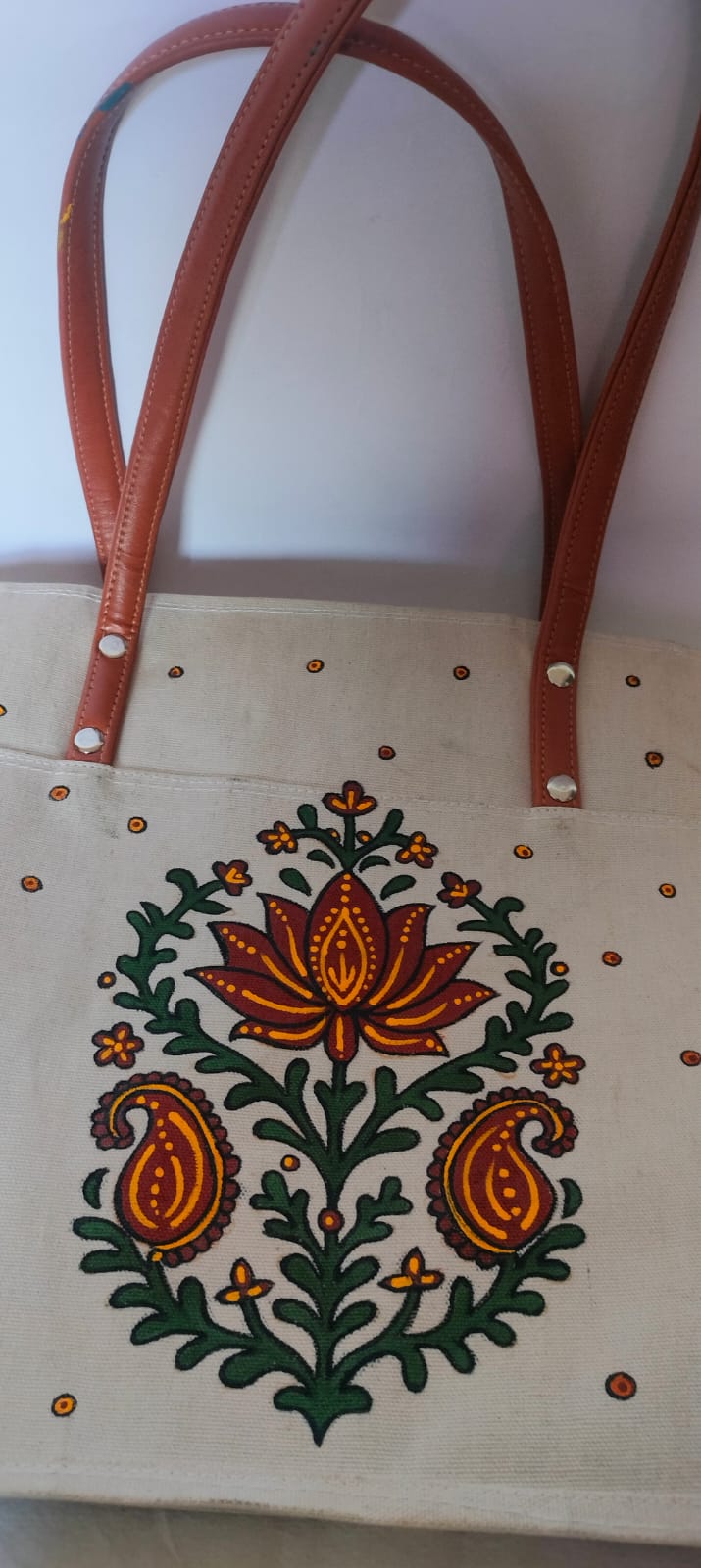 Boho Madhubani Peacock Tote bag Handpainted on Canvas Tote Bag (12” x 15”)