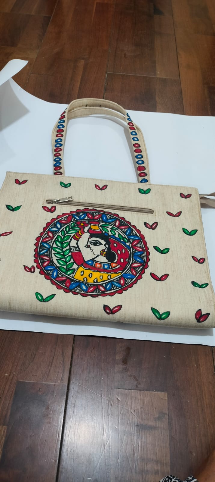 Madhubani  Bag with Plate-Carrying Figure & Twin Peacocks