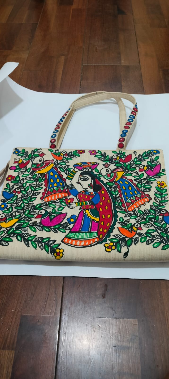 Madhubani  Bag with Plate-Carrying Figure & Twin Peacocks