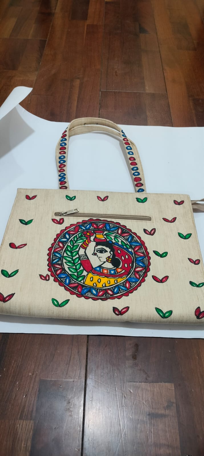 Madhubani  Bag with Plate-Carrying Figure & Twin Peacocks