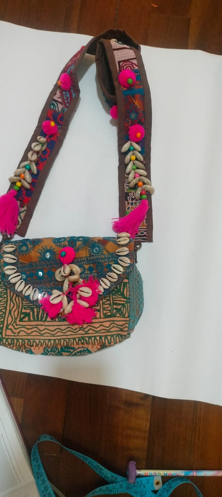 Multicolor Patchwork Embroidered Sling Bag with Shells & Pink Tassels