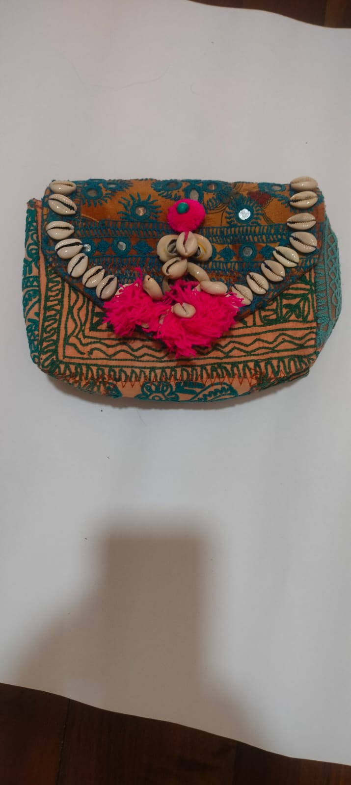 Multicolor Patchwork Embroidered Sling Bag with Shells & Pink Tassels