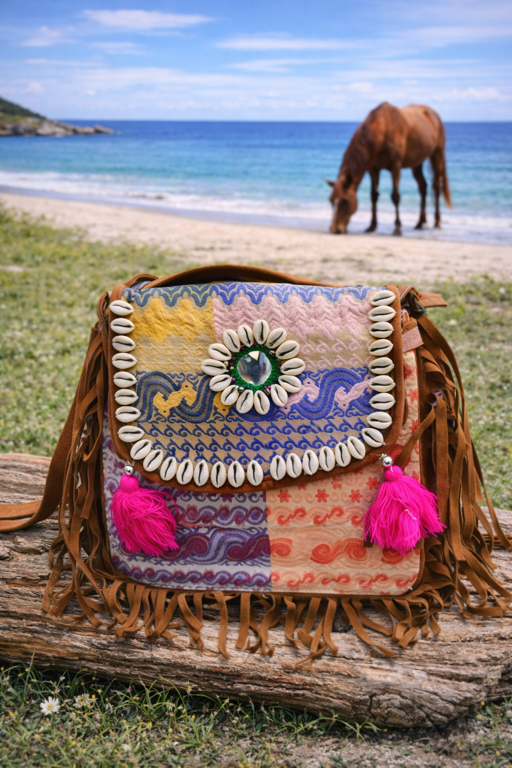Peach Embroidered Banjara Backpack with Multicolor Sub-Beads & Dual Straps