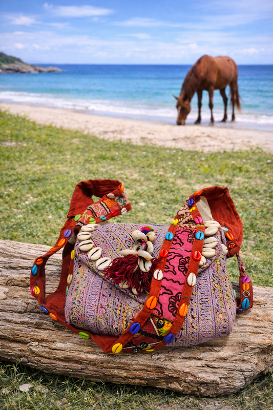 Light Mauve & Maroon Banjara embroidered Shells Small Sling Bag with Coluorful Shells