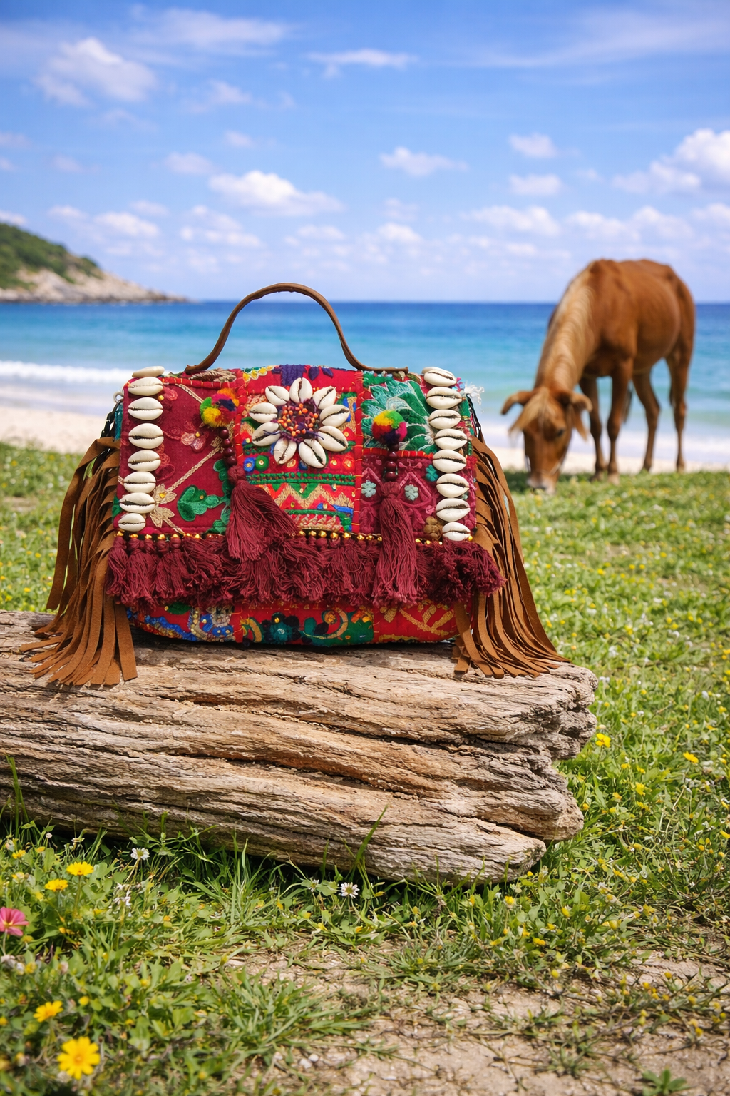Shell Patchwork Boho Sling Bag – Dark Brown & Maroon BMRG | 8×11″ with Tassels & Cowrie Shells