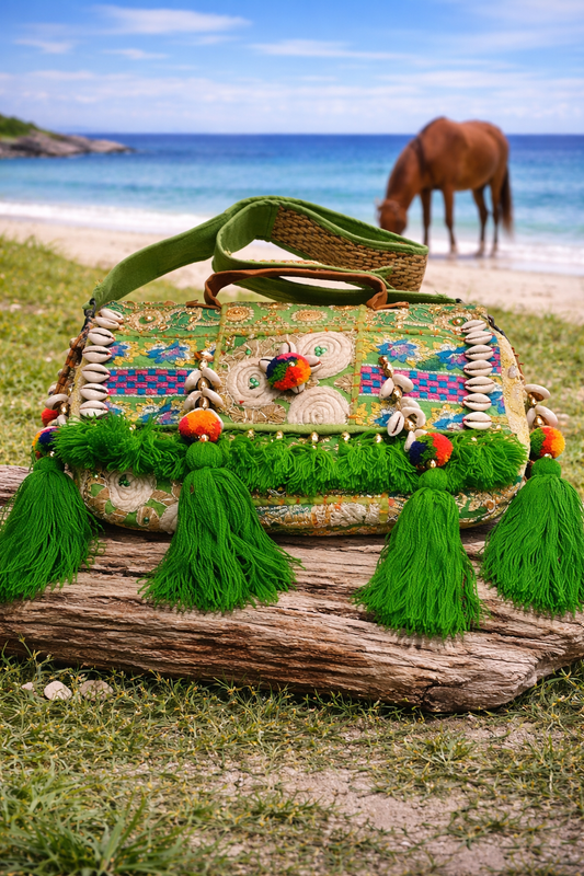 Green Patchwork Embroidered Banjara Sling Bag with Shells & Long Tassels