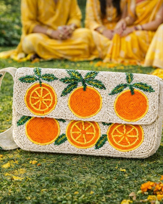 Beaded Compact Orange Shoulder Bag