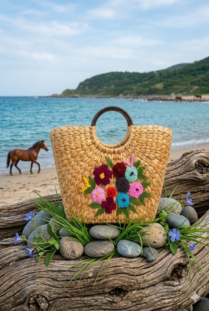 Manipuri Floral Handwoven Kauna Grass Handbag – Pure Natural Medium Handy Beach & Casual Tote